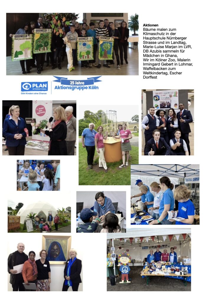 A collage of photos shows various community and school activities, including painting, presentations, group photos, outdoor events, charity fundraising, and booths, celebrating 25 years of the Aktionsgruppe Köln with Plan International.