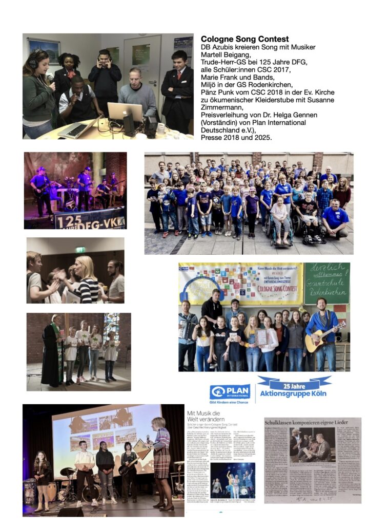 A collage of photos from the Cologne Song Contest showing groups and individuals performing on stage, posing with musical instruments, receiving awards, and standing together, with descriptive text and logos included.