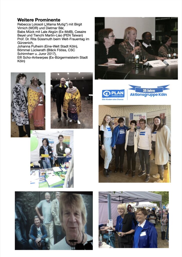 A collage showing various women at events: group photos, speeches, casual interactions, and a booth with a 25 Jahre Aktionsgruppe Köln banner, highlighting achievements and activities of notable women.