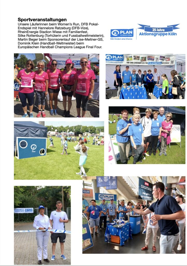 A collage of photos showing people in sportswear at various events, group photos, a booth with banners, athletes signing autographs, and participants handing out flyers, promoting Plan International in Köln.