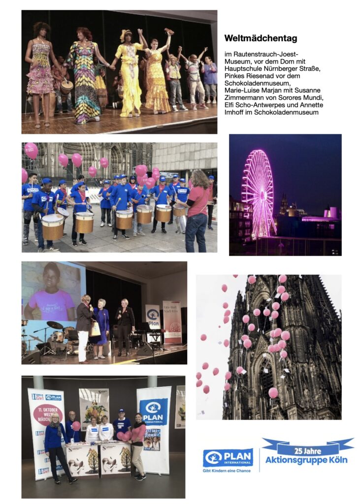 A collage of photos showing girls empowerment events: girls dancing, drummers, a pink-lit Ferris wheel, speakers on stage, pink balloons near a cathedral, and people holding balloons with Plan International logos.