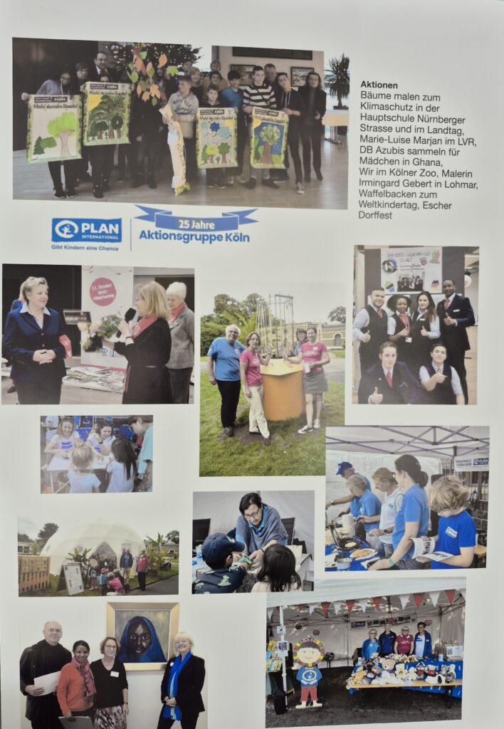 A collage of photos shows people at various events: children with painted posters, group activities, award presentations, information booths, and outdoor gatherings. A blue PLAN logo and “25 Jahre Aktionsgruppe Köln” text are visible.
