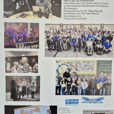 A poster features photos of groups performing, singing, and posing together at the Cologne Song Contest. Theres text explaining the event, with logos from partners and images of presenters and participants on stage and in workshops.
