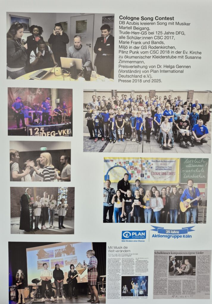 A poster features photos of groups performing, singing, and posing together at the Cologne Song Contest. Theres text explaining the event, with logos from partners and images of presenters and participants on stage and in workshops.