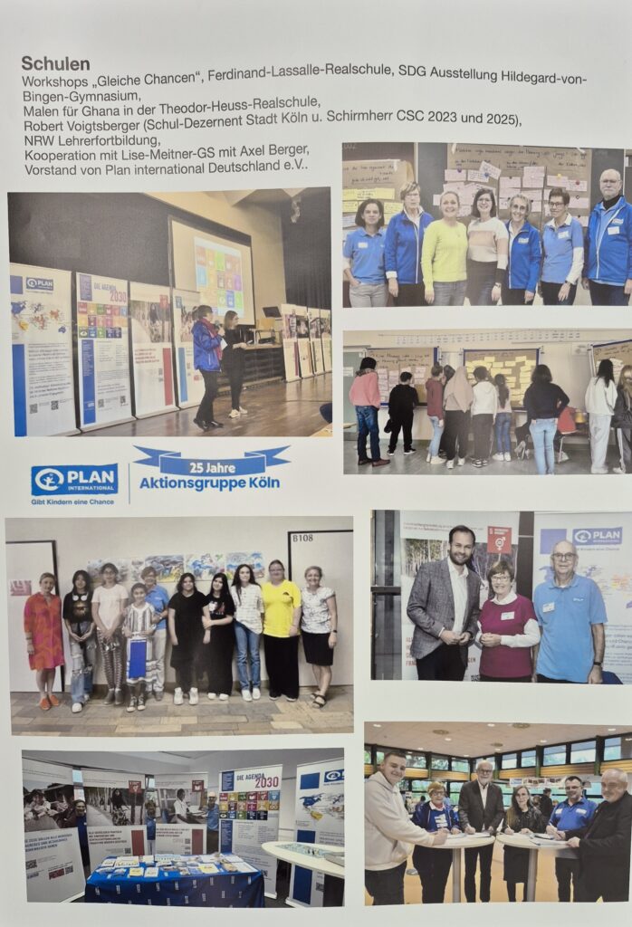 A collage of photos showing groups of people at educational workshops, informational booths, and award presentations, with posters and banners for Plan Internationals Köln action group.