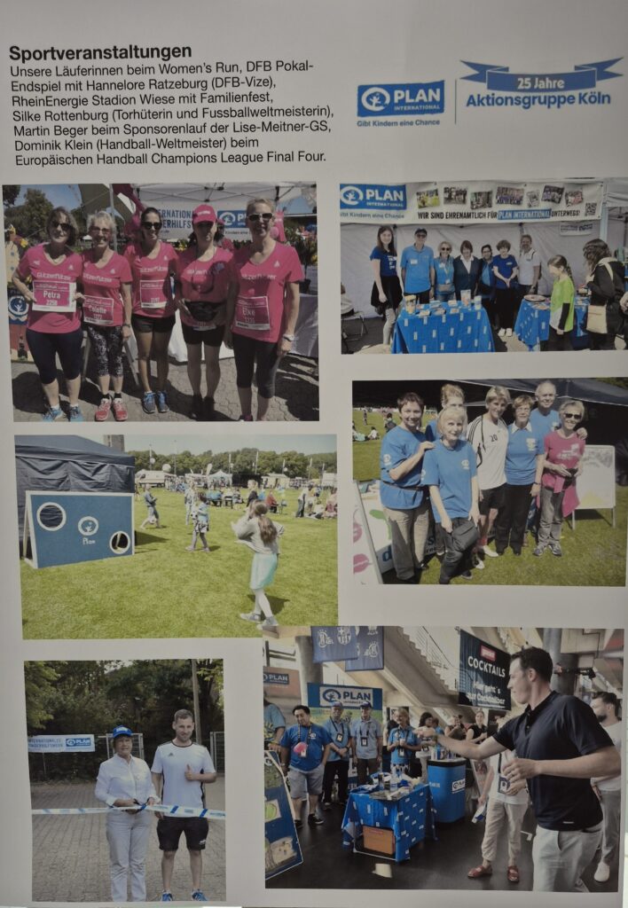 A collage of photos from various sports events shows groups of people in athletic wear, participants at booths, children posing, and individuals interacting near banners for PLAN and Aktionsgruppe Köln.