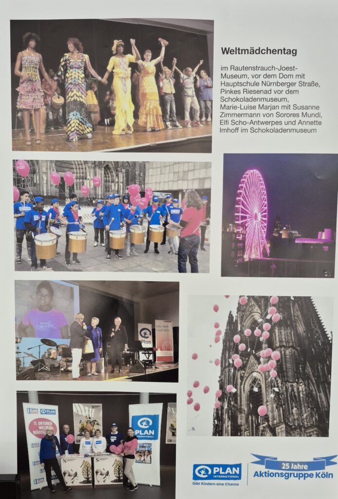 A collage of photos shows girls dancing, drumming, holding pink balloons, a pink Ferris wheel, and group presentations, celebrating World Girls Day, with a “PLAN” and “25 Jahre Aktionsgruppe Köln” logo at the bottom.