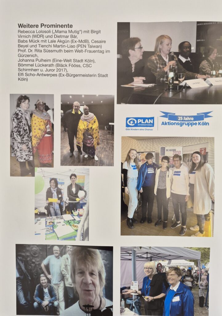 A collage of photos showing various people at events, some posing with certificates, shaking hands, speaking, standing at booths, and smiling together; with a list of prominent guests and a “25 Jahre Aktionsgruppe Köln” sign.