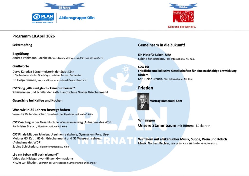 Program schedule for an event on April 18, 2026, by Aktionsgruppe Köln and Köln und die Welt e.V., featuring speeches, discussions, music, lunch, and a tribute to Immanuel Kant. Blue and red banner logos at the top.