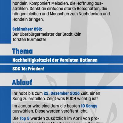 Plakat zum Kölner Song Contest mit Informationen zu Zielen, Thema (Nachhaltigkeit der Vereinten Nationen, SDG 16: Frieden), Fristen und Teilnahmebedingungen für Schulen, mit farbenfrohen Grafiken und Logos der unterstützenden Organisationen.
